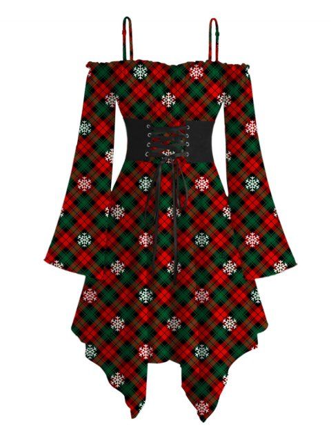 Robe de Noël à carreaux et flocons de neige, volants, mouchoir, lacets, ceinture