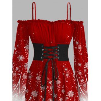 Christmas Dress Ombre Snowflake Print Ruffle Lace Up Belt Handkerchief Dress