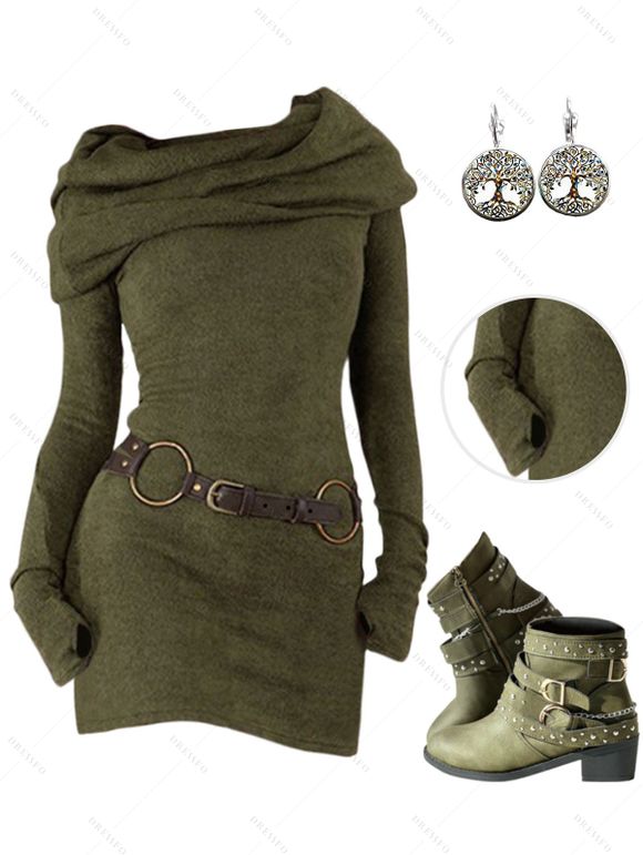 Pull à Capuche Long Zippé Ceinturé Bouclé à Talon Epais - Vert profond M | US 6