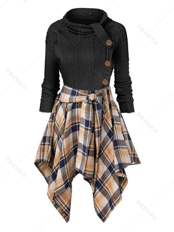 Robe en tricot à carreaux avec boutons et nœud papillon - Noir L | US 8-10