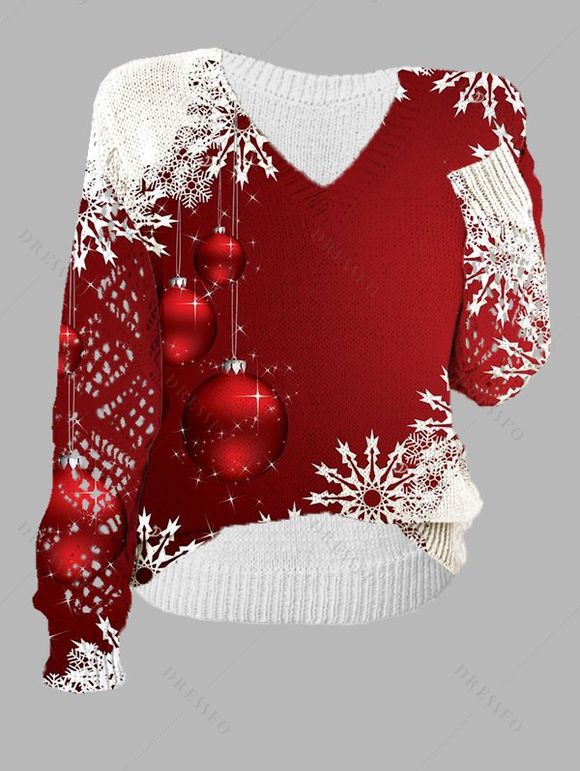 Pull de Noël en tricot à imprimé flocons de neige et blocs de couleur - Rouge XL | US 12