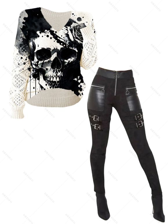 Women Outfit Skull Print Knitted Sweater and Zipper Buckle Leggings Set - Noir S | US 4