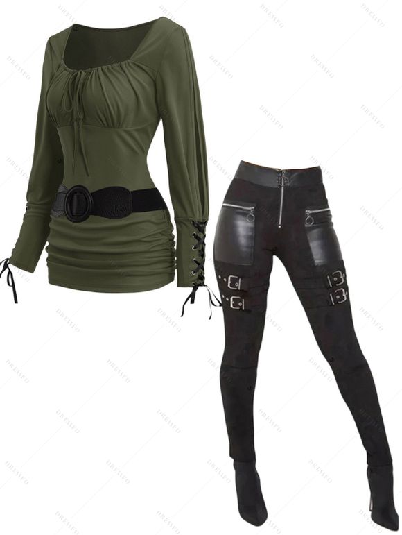 Women Outfit Solid Color Ruched Cinched Top and Zipper Buckle Leggings Set - Vert Armée S | US 4