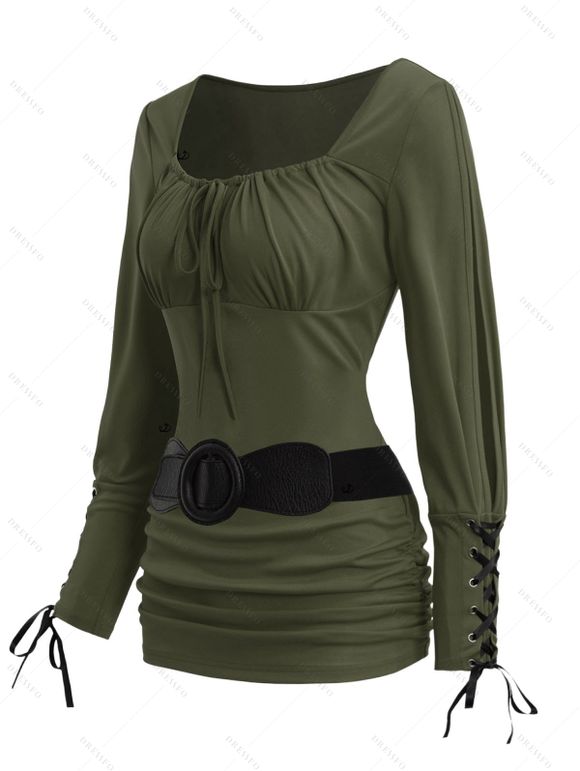 Women Outfit Solid Color Ruched Cinched Top and Zipper Buckle Leggings Set - Vert Armée S | US 4