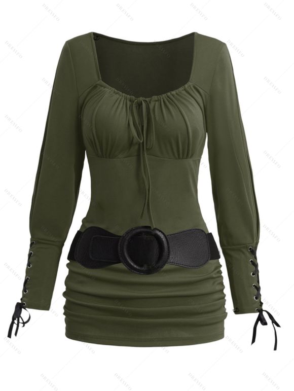 Women Outfit Solid Color Ruched Cinched Top and Zipper Buckle Leggings Set - Vert Armée S | US 4