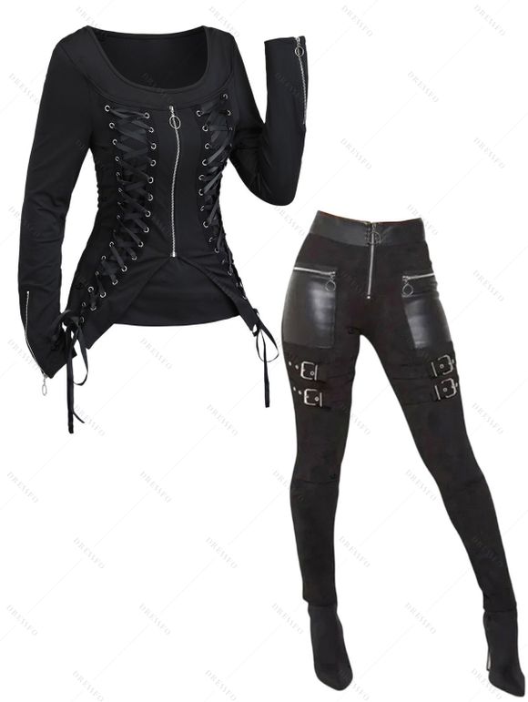 Gothic Outfit Solid Color Lace Up Zip Top and Zipper Buckle Leggings Set - Noir S | US 4