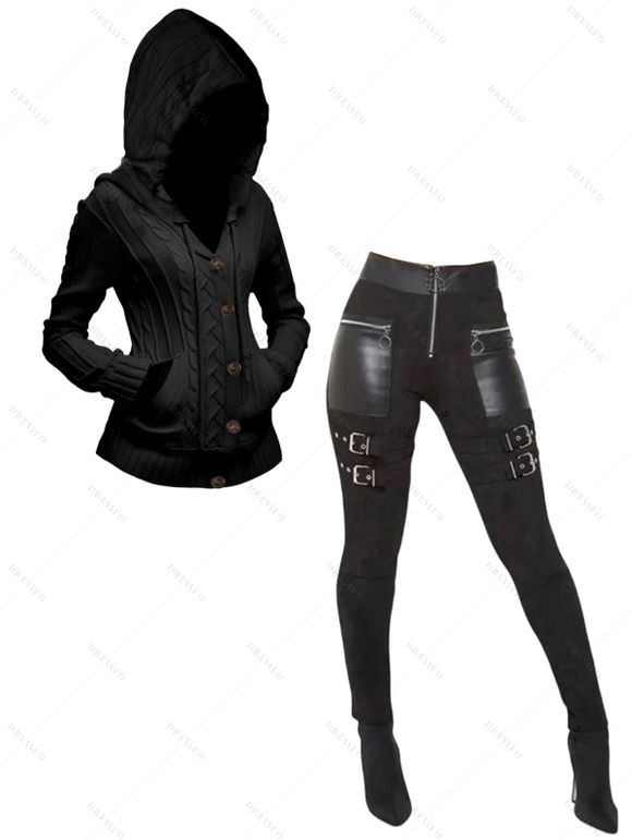 Women Outfit Cable Knit Hooded Cardigan and Zipper Buckle Leggings Set - Noir S | US 4