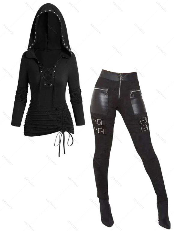 Women Outfit Lace Up Hoodie Top and Zipper Buckle Leggings Set - Noir S | US 4