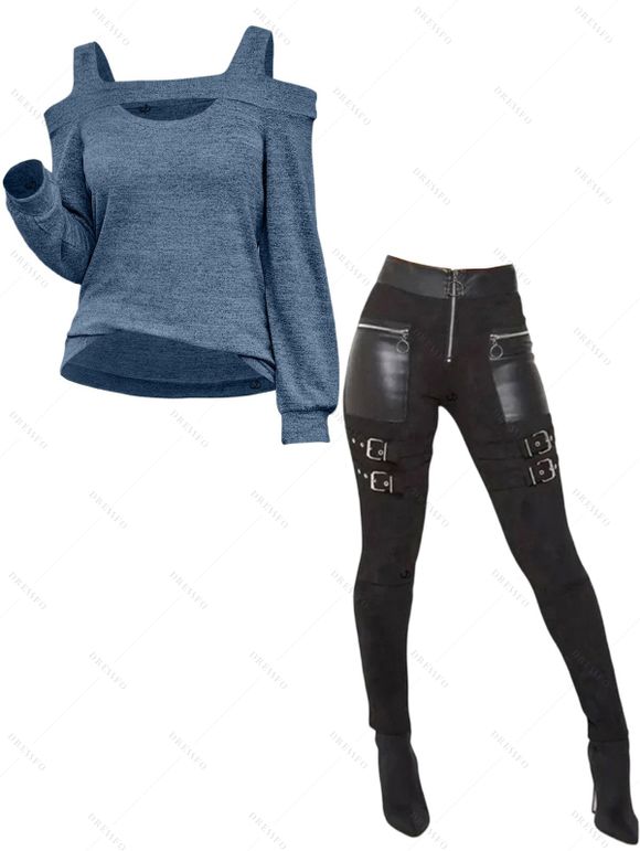 Women Outfit Cut Out Cold Shoulder Top and Buckle Zipper Leggings Set - Bleu S | US 4