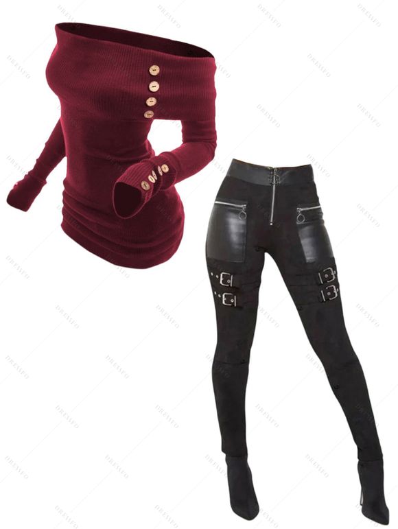 Women Outfit Off the Shoulder Mock Button Sweater and Buckle Leggings Set - Rouge Vineux S | US 4