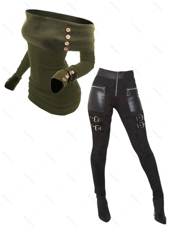Women Outfit Off the Shoulder Mock Button Sweater and Buckle Leggings Set - Vert Armée S | US 4