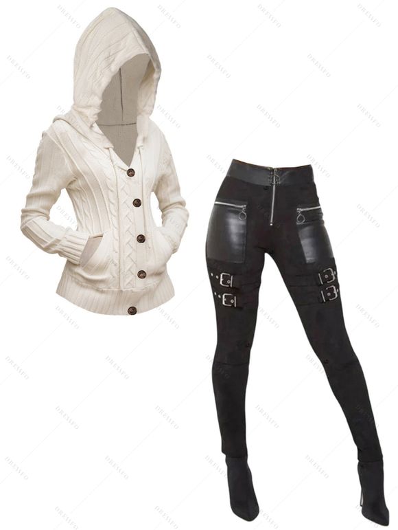 Women Outfit Cable Knit Hooded Cardigan and Zipper Buckle Leggings Set - Blanc S | US 4