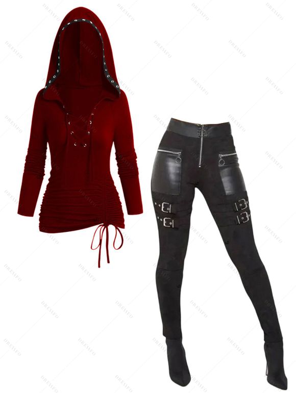 Women Outfit Lace Up Hoodie Top and Zipper Buckle Leggings Set - Rouge Vineux S | US 4
