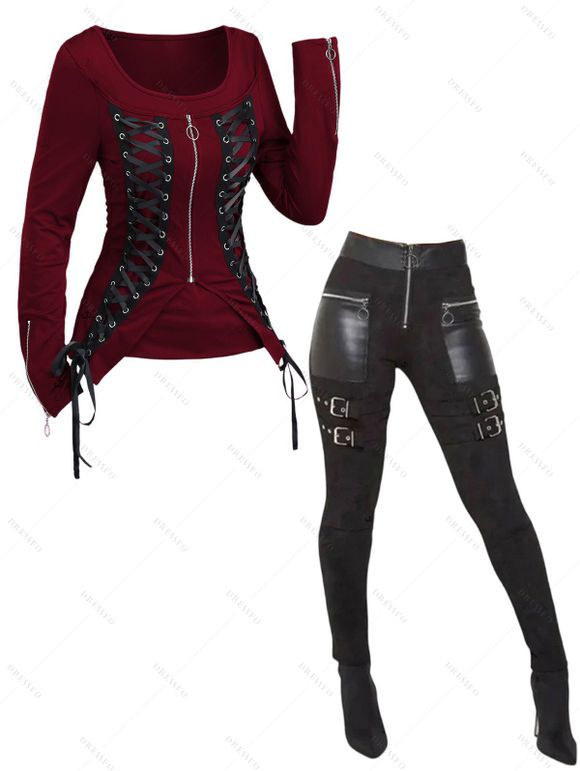Gothic Outfit Solid Color Lace Up Zip Top and Zipper Buckle Leggings Set - Rouge Vineux S | US 4