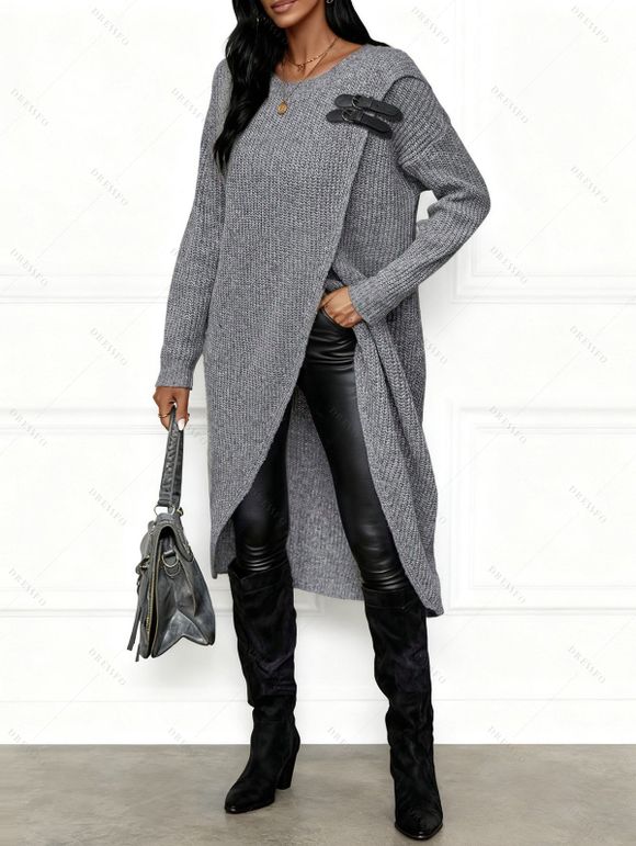 Haut en tricot long de couleur unie, pull à bretelles avec boucle et superposition - Gris XL | US 12