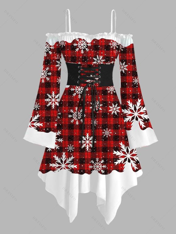 Robe de Noël à carreaux, imprimé flocon de neige, volants, lacets, ceinture, mouchoir - Rouge XXL | US 14