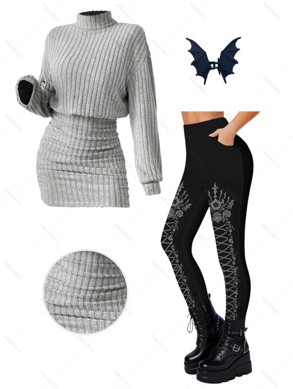 Women Outfit Solid Color Turtleneck Dress 3D Print Leggings and Hair Claw Set - Gris S | US 4