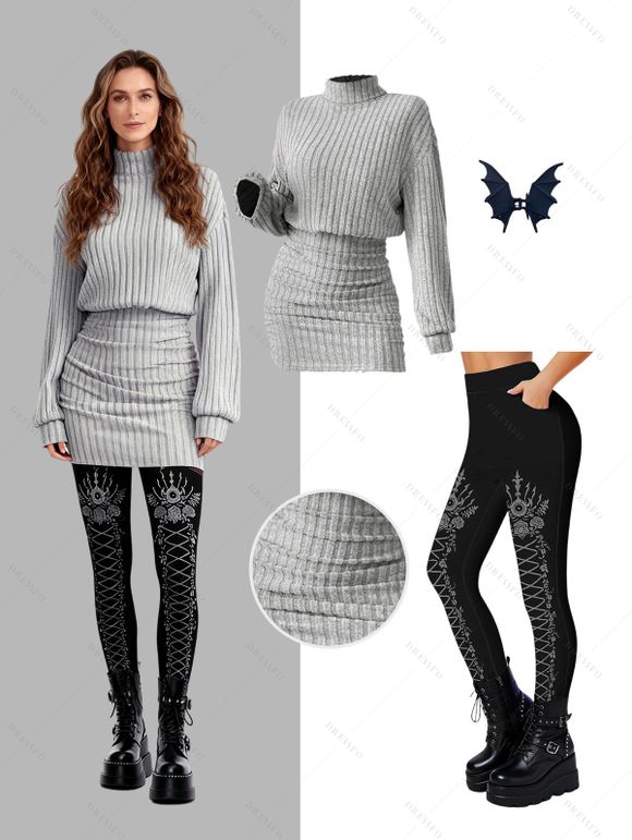 Women Outfit Solid Color Turtleneck Dress 3D Print Leggings and Hair Claw Set - Gris S | US 4