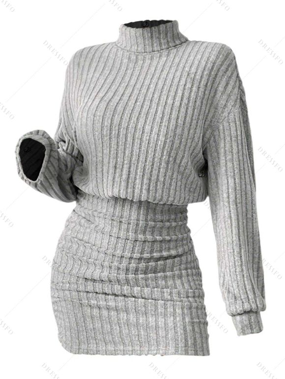 Women Outfit Solid Color Turtleneck Dress 3D Print Leggings and Hair Claw Set - Gris S | US 4