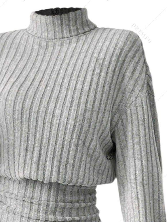 Women Outfit Solid Color Turtleneck Dress 3D Print Leggings and Hair Claw Set - Gris S | US 4