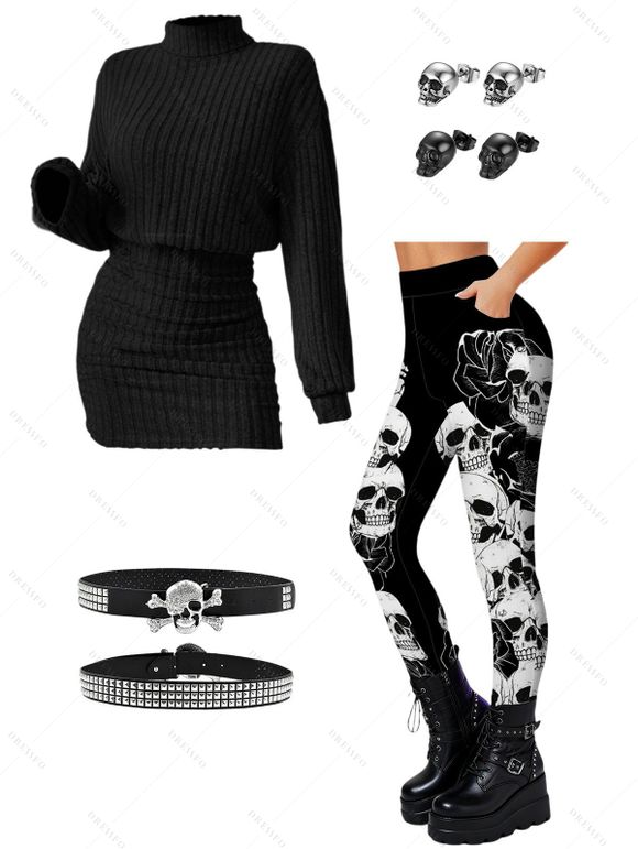 Women Outfit Turtleneck Dress Skulls Print Leggings and Belt Earrings Set - Noir S | US 4