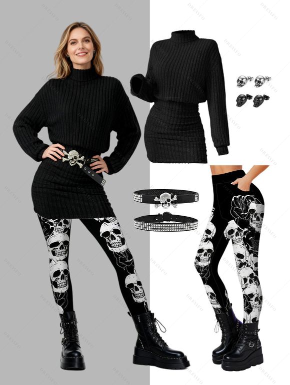 Women Outfit Turtleneck Dress Skulls Print Leggings and Belt Earrings Set - Noir S | US 4