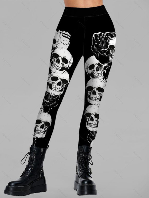 Women Outfit Turtleneck Dress Skulls Print Leggings and Belt Earrings Set - Noir S | US 4