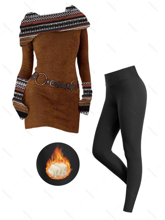 Women Outfit Ethnic Print O Ring Knitted Dress and Fleece-Lined Leggings Set - café S | US 4