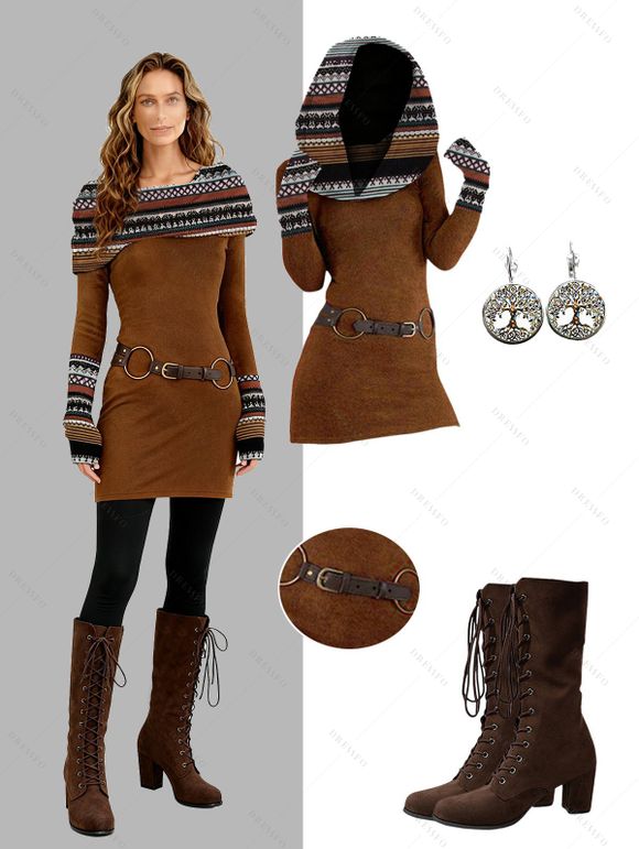 Women Outfit Ethnic Print Skew Neck O Ring Knitted Dress and Earrings Boots Set - café S | US 4