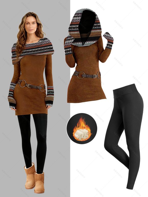 Women Outfit Ethnic Print O Ring Knitted Dress and Fleece-Lined Leggings Set - café S | US 4