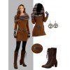 Women Outfit Ethnic Print Skew Neck O Ring Knitted Dress and Earrings Boots Set - café S | US 4
