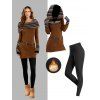 Women Outfit Ethnic Print O Ring Knitted Dress and Fleece-Lined Leggings Set - café S | US 4