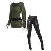 Women Outfit Solid Color Ruched Cinched Top and Zipper Buckle Leggings Set - Vert Armée S | US 4
