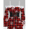 Robe de Noël à carreaux, imprimé flocon de neige, volants, lacets, ceinture, mouchoir - Rouge XXL | US 14