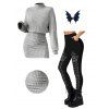 Women Outfit Solid Color Turtleneck Dress 3D Print Leggings and Hair Claw Set - Gris S | US 4