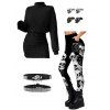 Women Outfit Turtleneck Dress Skulls Print Leggings and Belt Earrings Set - Noir S | US 4