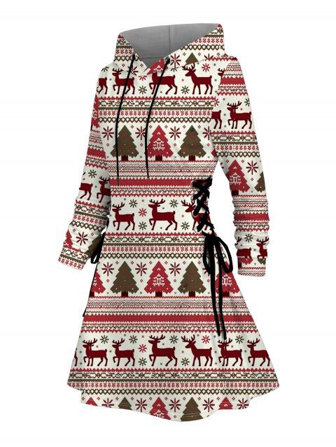 Robe à capuche ethnique, imprimé sapin de Noël, élan, flocon de neige, robe à capuche à lacets