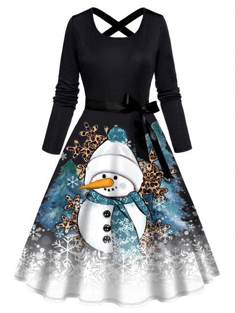 Robe de Noël bonhomme de neige flocon de neige imprimé léopard robe croisée avec ceinture