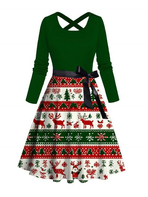 Robe de vacances Elk Sapin de Noël Imprimé rayé Colorblock Robe croisée avec ceinture
