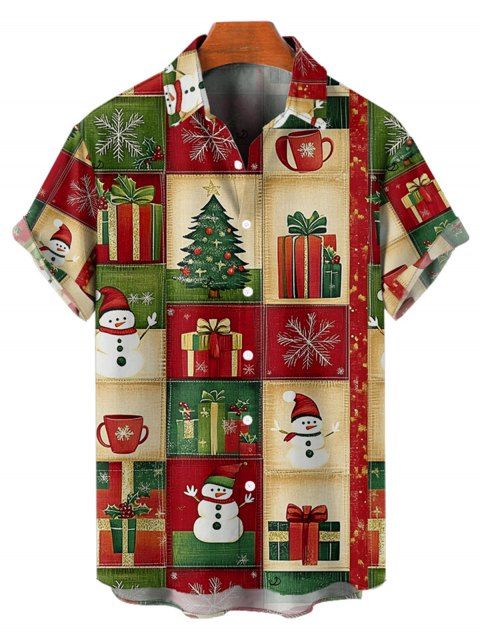 Chemise de Noël pour homme, imprimé flocon de neige et bonhomme de neige, à boutons