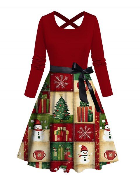 Robe de Noël à imprimé flocon de neige et bonhomme de neige, à blocs de couleurs, avec ceinture croisée