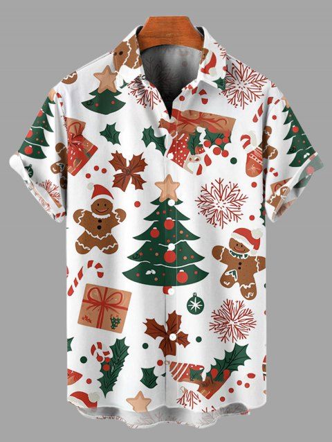 Chemise de vacances pour homme, chemise boutonnée à imprimé bonhomme en pain d'épices et sapin de Noël
