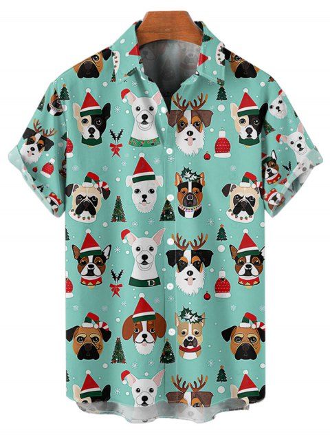 Chemise de vacances pour homme, imprimé chien avec chapeau, sapin de Noël, boutonnée