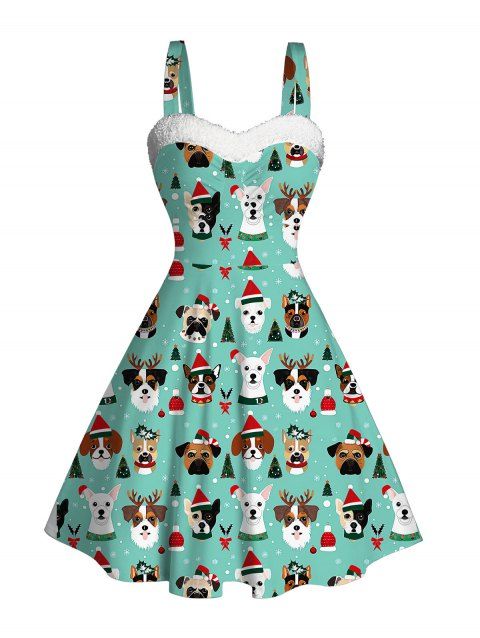 Holiday Dress Dog with Hat Christmas Tree Print Faux Fur Dress