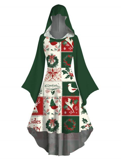 Robe à capuche de vacances Colorblock Éléments de Noël Imprimé couronne Robe haute basse