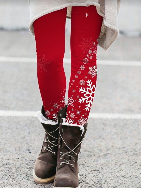 Leggings de Noël imprimé flocon de neige, taille haute élastique, leggings skinny
