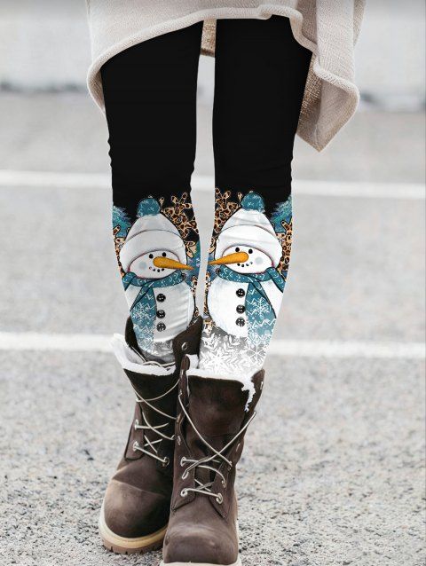 Leggings de Noël, flocons de neige, bonhomme de neige, imprimé léopard, leggings skinny
