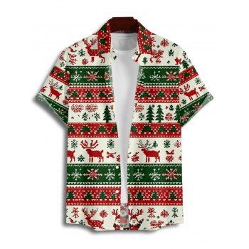Men's Holiday Shirt Elk Christmas Tree Striped Print Button Up Shirt