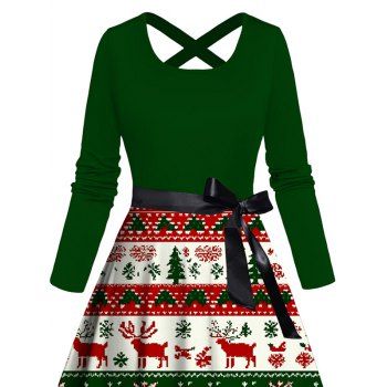 Holiday Dress Elk Christmas Tree Striped Print Colorblock Crossover Belt Dress