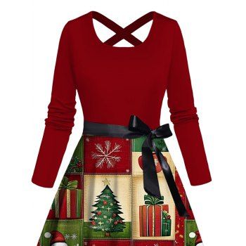 Christmas Dress Colorblock Snowflake Snowman Print Crossover Belt Dress